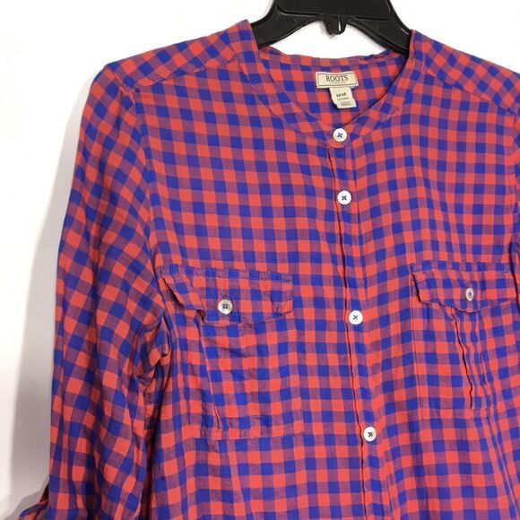 ROOTS CANADA RED/BLUE CHECKERED BUTTON UP LONG SLEEVE LIGHTWEIGHT SHIRT MEDIUM - Picture 3 of 10